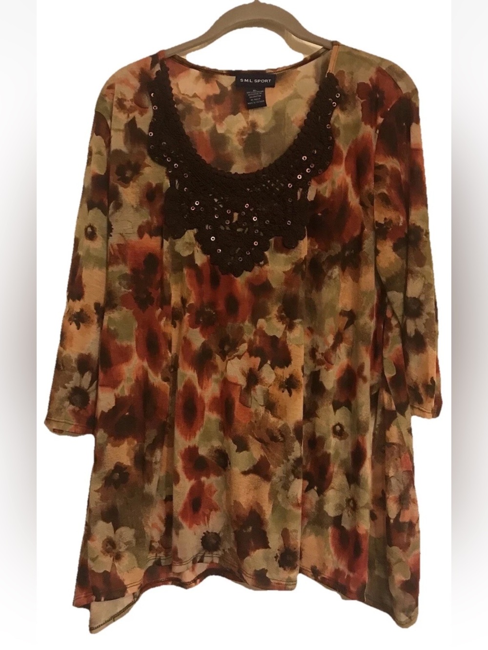 SML Sport Size XL Brown & Olive Floral Crochet-Yoke & Sequins Tunic